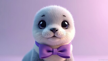 Fototapeta premium Cute baby seal wearing purple bowtie on lavender background. Adorable animal, big eyes. Marine wildlife theme suitable for kids, eco awareness, nature conservation, fun design. Ideal for print,