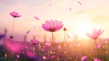 Naklejka premium Pink cosmos sunset field, petals falling, peaceful background, nature card