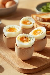 Soft-boiled eggs, herbs, wooden board, breakfast