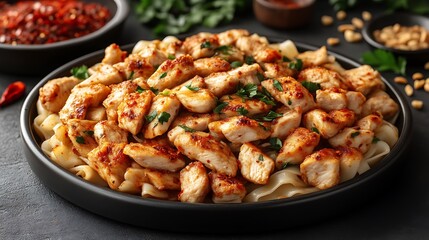 Fototapeta premium Delicious Chicken and Noodles Dish with Chili Oil and Parsley