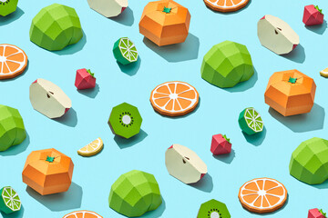 Handmade fruits origami pattern on blue