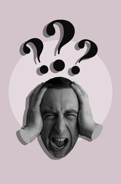 Head of a screaming man and question marks
