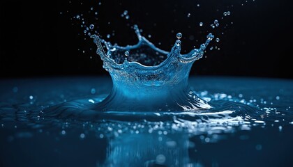 Dynamic shot of water splash shaped like crown against deep blue surface. Fluid motion creates elegant form. Water droplets and ripples, clean freshness. Dark black background. Clean water design.