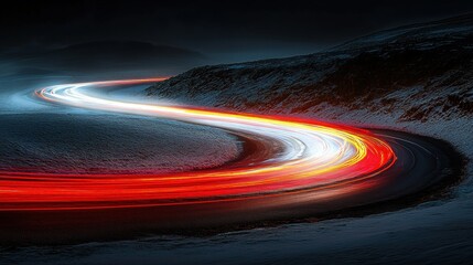 Obraz premium Winding Road at Night, Snowy Landscape, Light Trails