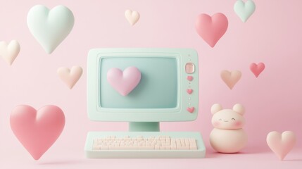 Pastel computer, hearts, frog, pink background, Valentine's Day