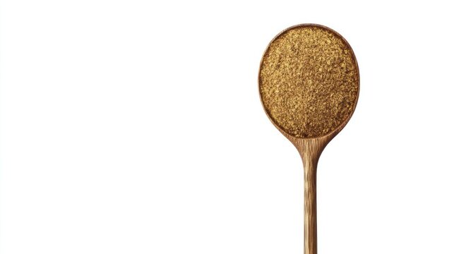 Wooden spoon, cumin powder, white background, food photography, recipe ingredient
