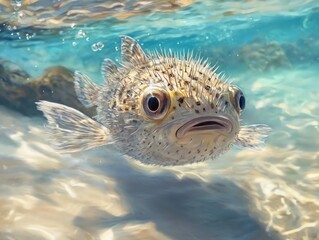Pufferfish Swimming Underwater in Clear Ocean Water Close Up View