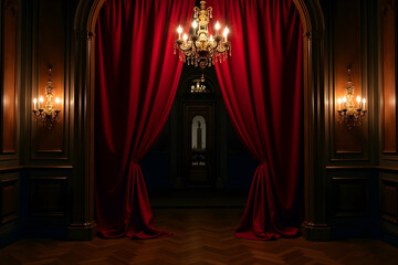 Elegant pre-wedding scene with draped red curtains, illuminated by a radiant golden chandelier, evoking a sense of gothic romance and timeless sophistication for a special moment