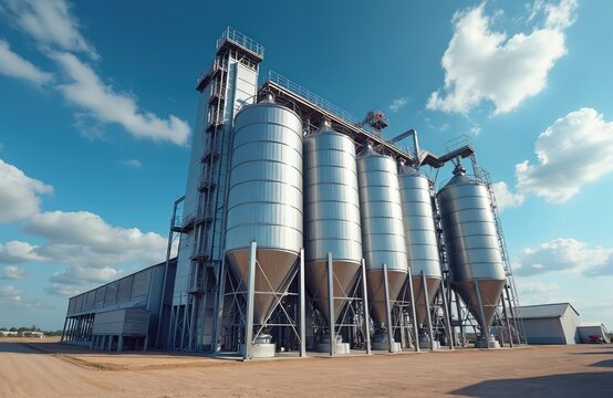 Agricultural silo at feed mill factory. Big steel tanks store grain, feed for livestock, swine industries. Modern feed production plant against blue sky with clouds.