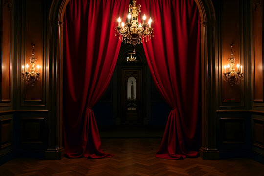 Elegant pre-wedding scene with draped red curtains, illuminated by a radiant golden chandelier, evoking a sense of gothic romance and timeless sophistication for a special moment