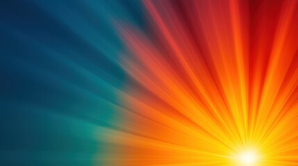 Obraz premium A vibrant abstract image showcasing radiant colors of orange, red, and blue emanating from a central light source, creating a dynamic visual effect.