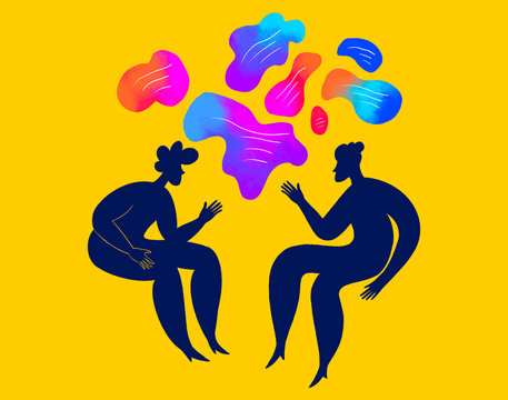 Two figures engaged in conversation with colorful thoughts above