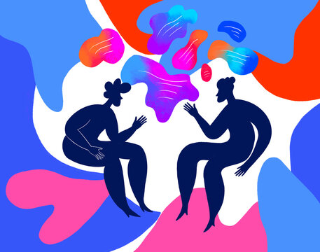 Engaging discussion between two individuals in a colorful setting