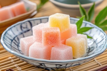 Sugar cubes, pink yellow, bowl, table