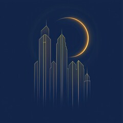 Fototapeta premium A minimalist skyline featuring tall buildings and a crescent moon against a dark blue background.