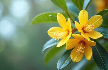 Fototapeta premium Golden yellow gum flowers on green eucalypt tree. Natural botanical beauty, delicate details of the plant. Yellow petals and green leaves in springtime. Native flora beauty for eco projects.