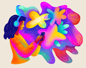 Colorful illustration of a young woman enjoying mobile music
