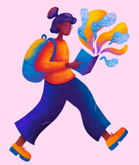 Creative girl walking while reading book with vibrant ideas floating