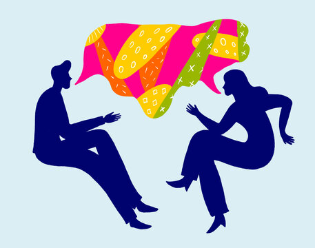 Engaging conversation between two people with colorful speech bubbles