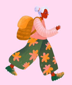 An elderly woman is walking briskly against a pink background