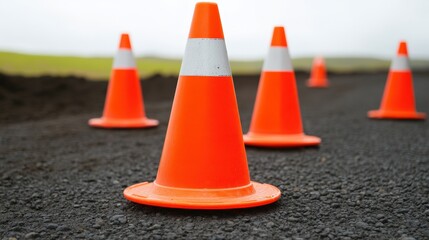 Bright orange traffic cones creating a line along a gravel path at a construction site scene.