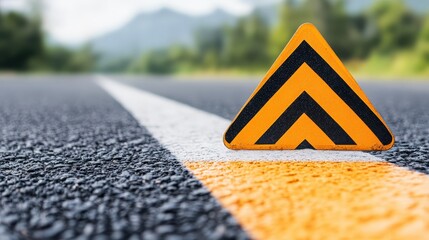 Reflective Chevron Sign Alerting Drivers to Caution with Clear Visibility on Open Road