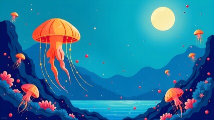 Naklejka premium Colorful jellyfish drift gracefully in a serene bay under a bright full moon at night, surrounded by vibrant hills and plants