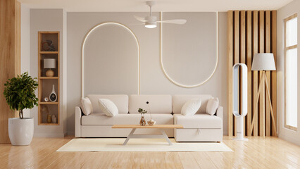 Cozy and stylish living room with a neutral color palette, featuring a beige sofa with white accent pillows- 3D rendering