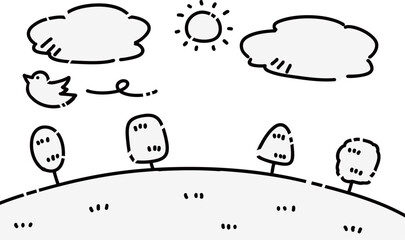鳥が飛ぶシンプルな自然風景のイラスト　主線のみ