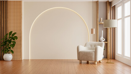 Living room interior featuring an armchair and decorative accessories against a white-colored wall- 3D rendering © Vanitjan