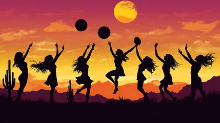 Desert Sunset Women Dance Silhouettes.