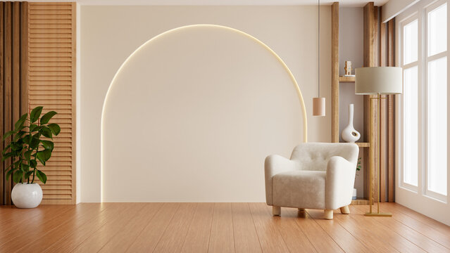 Living room interior featuring an armchair and decorative accessories against a white-colored wall- 3D rendering