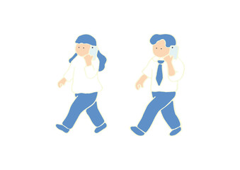 スマホで電話をしながら歩く人物の手描きイラスト