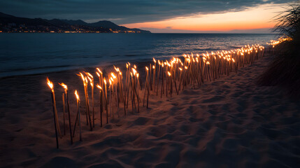 Coastal Flame Array: A mesmerizing composition of torches illuminates the sandy shore at dusk, casting warm, inviting light against the cool backdrop of the ocean and twilight sky. 