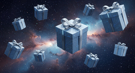 Generative AI illustration of futuristic silver and blue gift boxes floating in a cosmic space setting with twinkling stars.