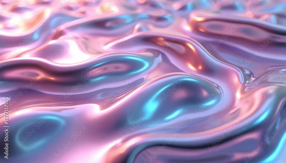 Poster abstract liquid chrome metal texture. shiny holographic iridescent surface with chrome wave. glossy 