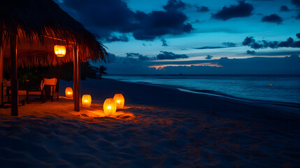 Serene Beachside Retreat: A tranquil beach scene at dusk, featuring a cozy thatched-roof hut illuminated by warm lanterns, casting a soft glow against the backdrop of the moonlit ocean and starry sky.