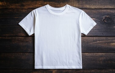 Blank white short-sleeved t-shirt on dark wood