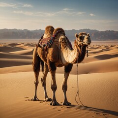 Bactrian camel standing in a vast desert with golden dunes stretching to the horizon.