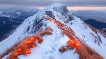 A symbolic image of a mountain peak with glowing business icons scattered along the path.
