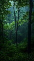 Obraz premium Mystical fog-laden forest, lush green canopy, dark tree trunks, serene ambiance, deep shadows, nature's tranquility, enigmatic atmosphere, deep green foliage.