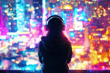 Silhouette of a girl in a hoodie with headphones gazing at a glowing cityscape in vivid neon colors. Great for music themes, nightlife vibes, or digital artwork projects
