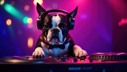 Boston Terrier DJ with Headphones Mixing Tracks at a Colorful Party