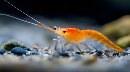 Shrimp Underwater: An vibrant orange shrimp gracefully navigates its aquatic habitat, showcasing intricate details and the beauty of underwater life.