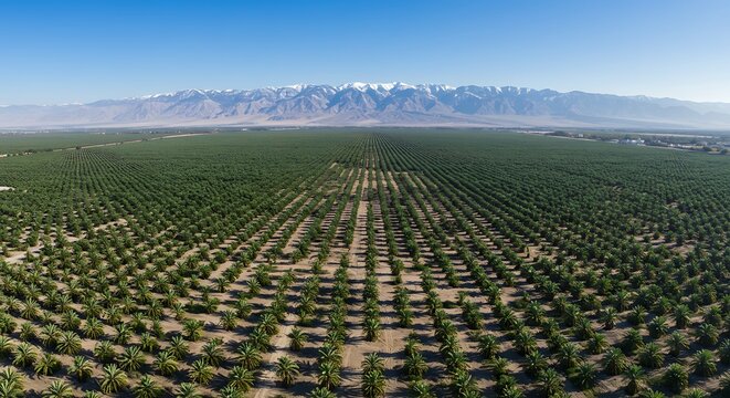Aerial View of Palm Tree Farm with Mountain Backdrop on Clear Day - Powered by Adobe