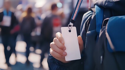 Person Holding Blank White Identification Badge Outdoors