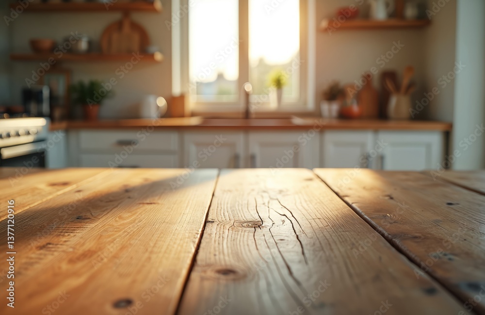 Poster close-up wooden table with blurred kitchen background. empty surface for product placement or design