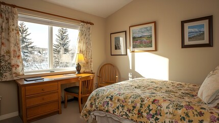 Sunny bedroom with floral bedding, wooden desk, and window view of snowy trees.