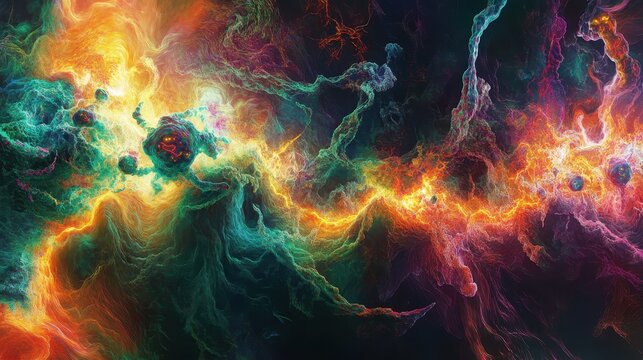 An explosion of cosmic colors erupts, Medical  a swirling nebula of teal, gold, and magenta, bursting with energy and celestial formations.