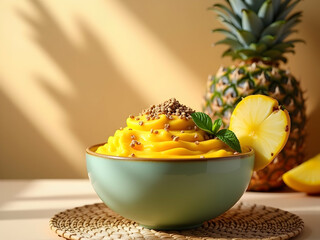 Exotic smoothie bowl with fresh pineapple and a vibrant yellow hue, complemented by tropical fruit slices and mint garnish, presented in a minimalist, inviting style
